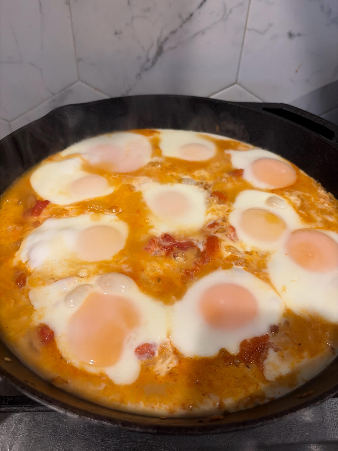 Lid off, perfectly poached eggs