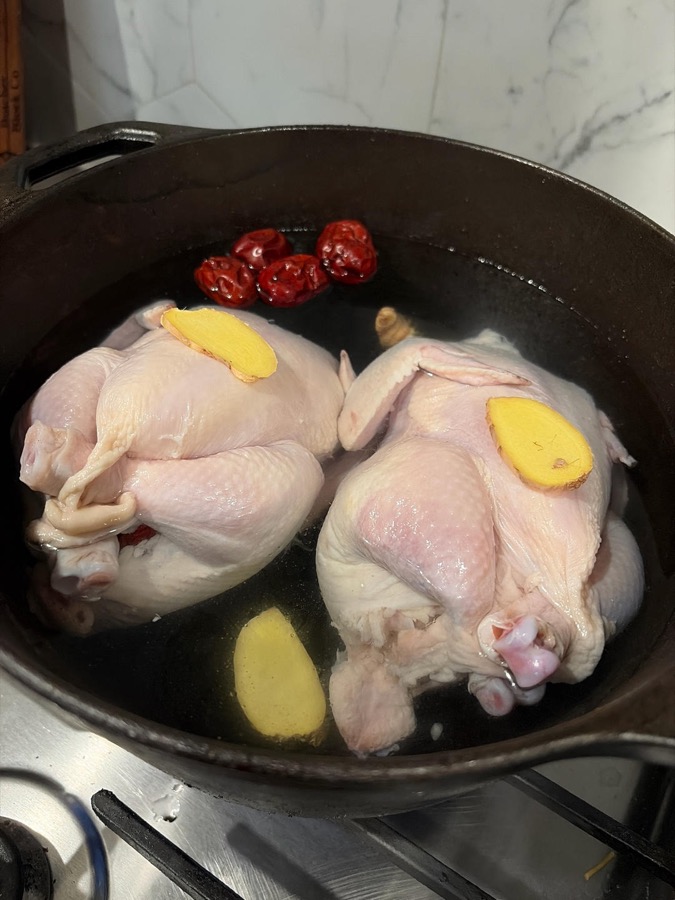 Place chicken in pot with water and aromatics