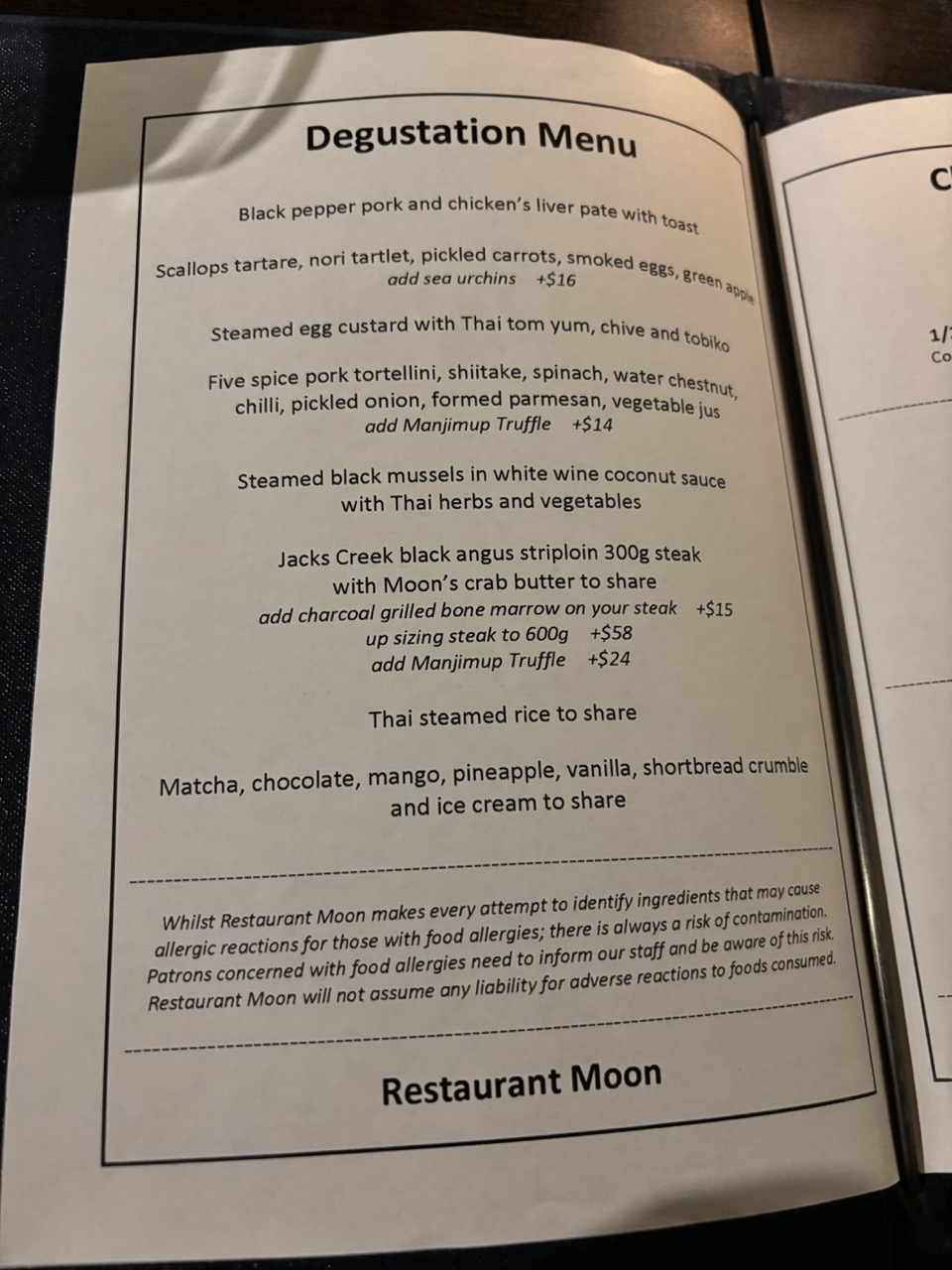 Restaurant Moon Menu