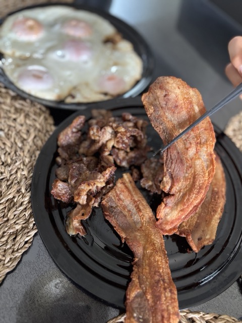 Wagyu beef, thick bacon, and eggs